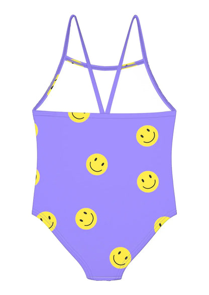 Kindergartenmädchen badeanzug wevswe lila mit gelbem smiley print und dünnen gekreuzten trägern