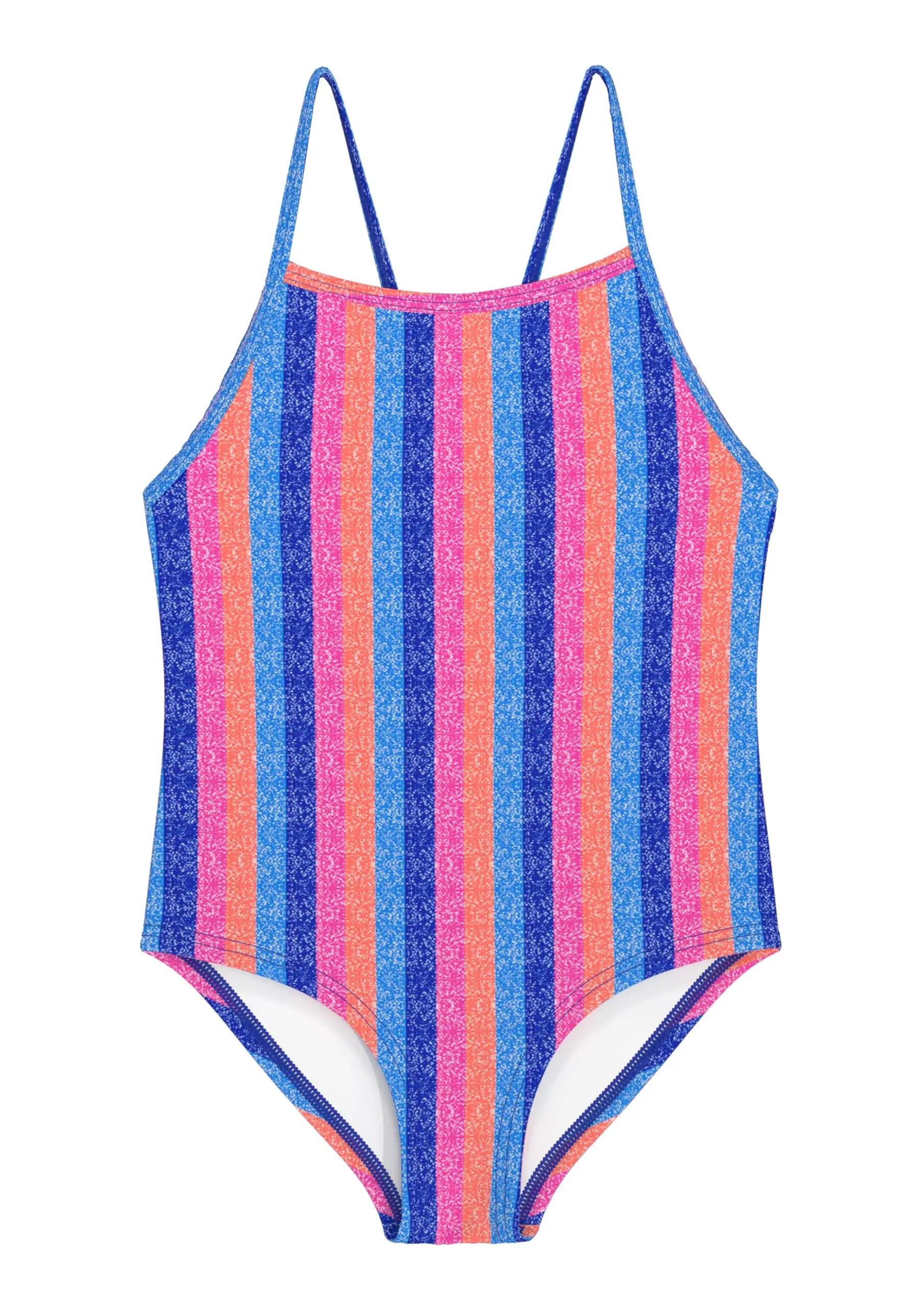 WeVSwe badeanzug mädchen einteiler mit vertikalen blaue, pinke und orange streifen und schimmerndem material