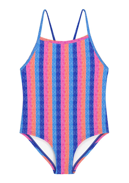 WeVSwe badeanzug mädchen einteiler mit vertikalen blaue, pinke und orange streifen und schimmerndem material
