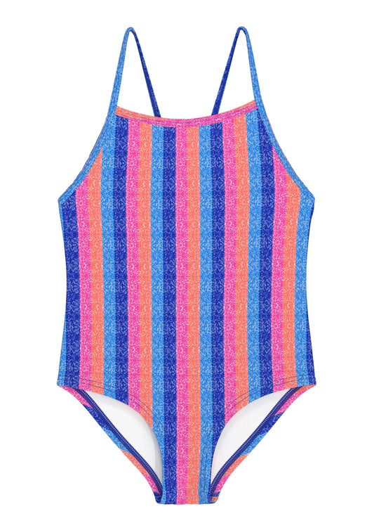 WeVSwe badeanzug mädchen einteiler mit vertikalen blaue, pinke und orange streifen und schimmerndem material