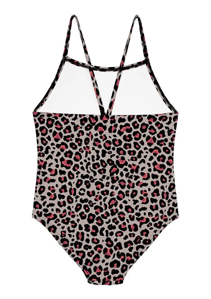 WeVSwe badeanzug kinder mädchen einteiler in knalligem pink schwarz leopard muster mit dünnen kreuzriemen hinten