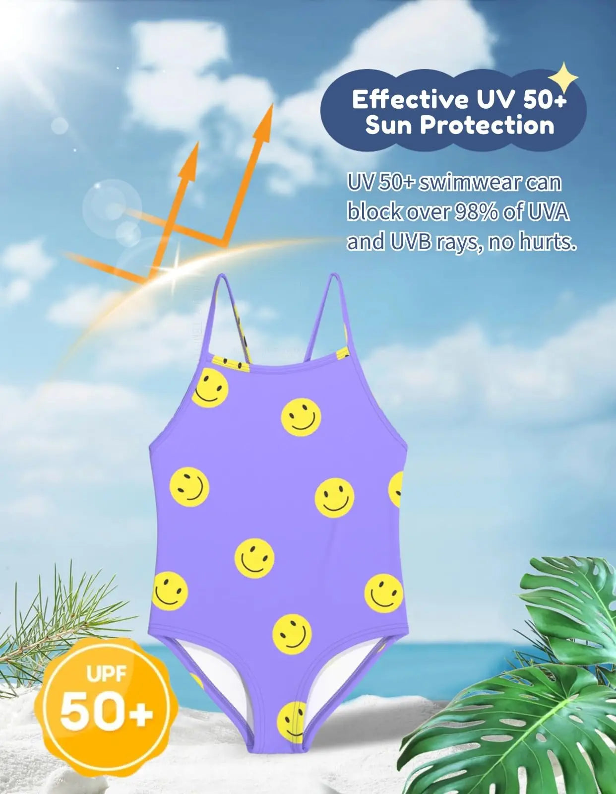 Wevswe badeanzug kinder mädchen einteiler lila mit gelben smiley prints und dünnen trägern