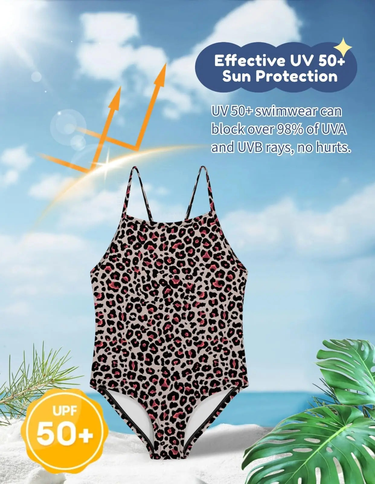 Wevswe badeanzug mädchen einteiler mit leopardmuster schwarz und pink auf beige für sonnenschutz kinder 2-10 jahre