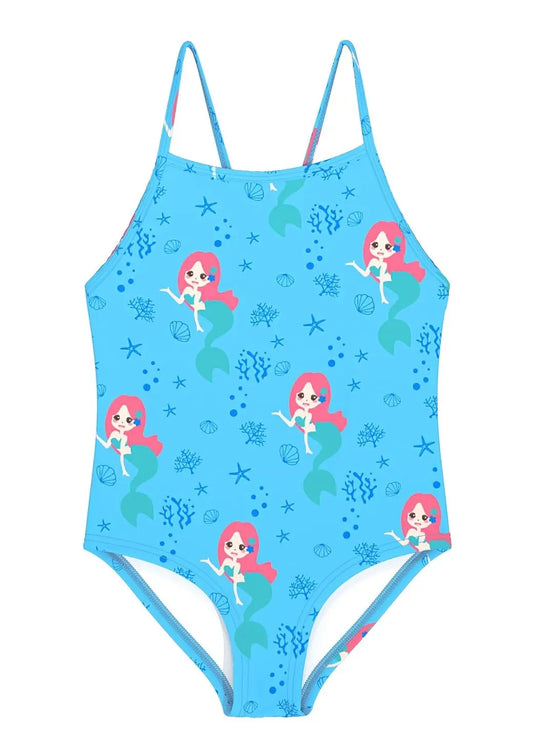 Blauer einteiler badeanzug für mädchen mit mermaid muster von wevswe für kinder 2-10 jahre