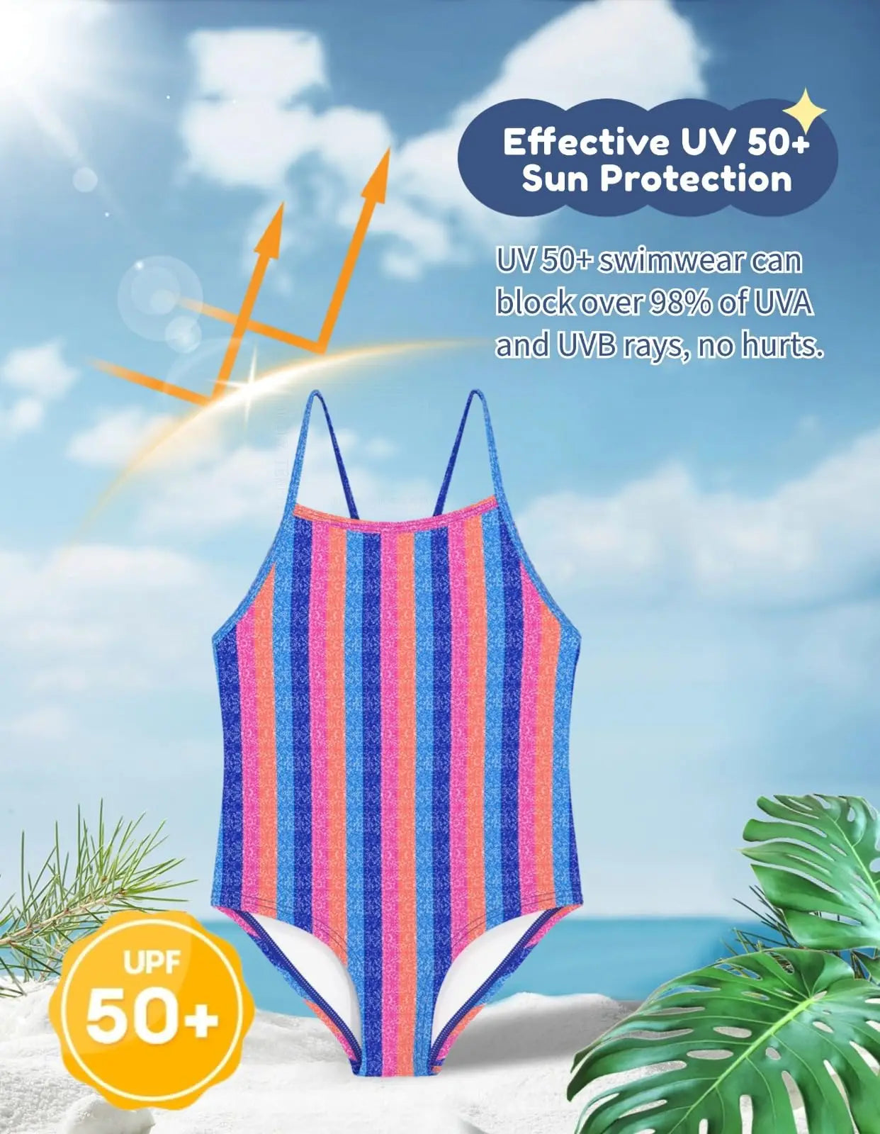 Wevswe badeanzug mädchen einteiler mit bunten blauen und pinken streifen, dünnen trägern und figurbetontem design