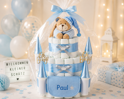 Personalisierbare Windeltorte Schloss Blau mit Musikspieluhr