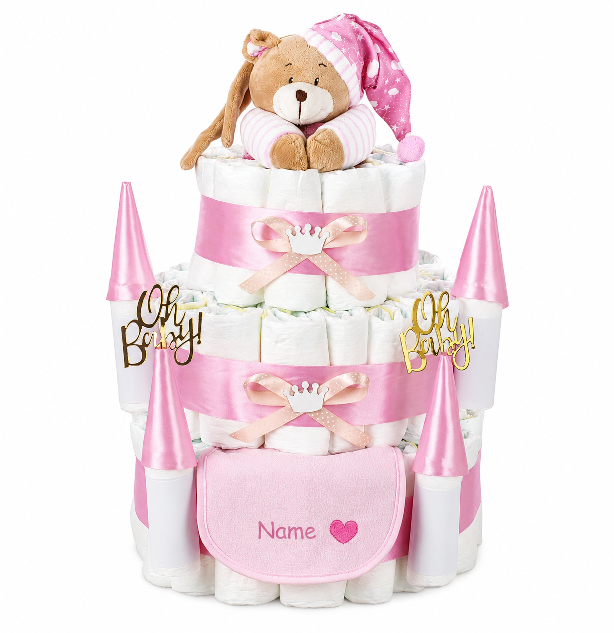 Personalisierbare Windeltorte Schloss Rosa mit Musikspieluhr