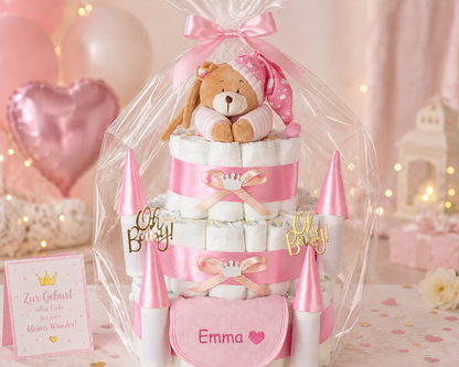 Personalisierbare Windeltorte Schloss Rosa mit Musikspieluhr