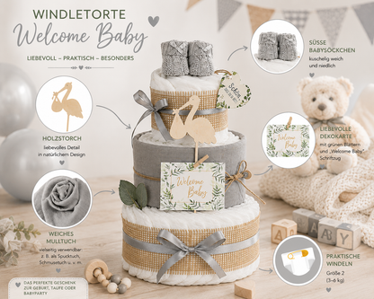 Neutrale Windeltorte Storch mit Bündel | inkl. Babybooties und Mullwindel | grau