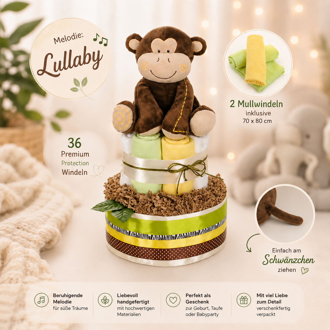 Große Windeltorte SAFARI mit Affen-Spieluhr - Geschenk zur Geburt