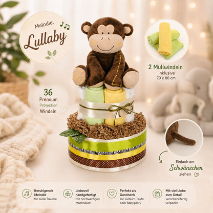 Große Windeltorte SAFARI mit Affen-Spieluhr - Geschenk zur Geburt