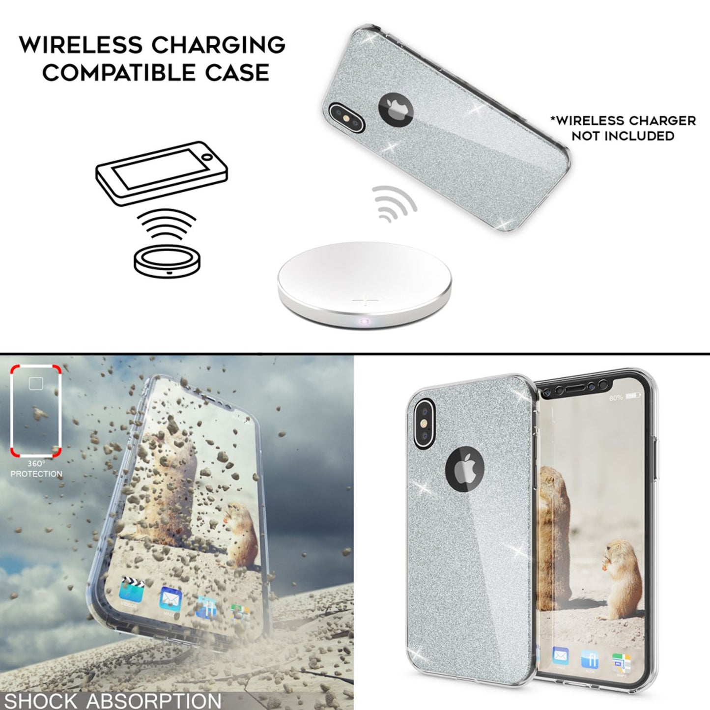 NALIA 360 Grad Hülle kompatibel mit iPhone XS X, Glitter Handyhülle Full Cover vorne & hinten Doppel-Schutz, Dünnes Ganzkörper Case Silikon, Transparenter Displayschutz & Rückseite